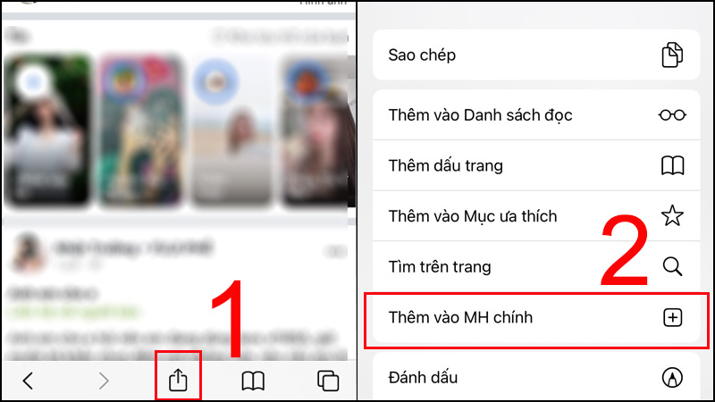 Chọn biểu tượng Chia sẻ có mũi tên ở dưới > Chọn Thêm vào MH chính.